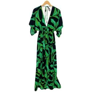 Green Leaf Print Maxi Dress